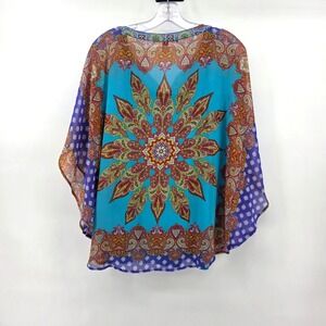 Valerie Stevens Womens Sheer Paisley Poncho Top with Camisole Set Blue Large